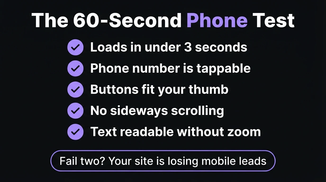 The 60-second phone test checklist infographic: loads in under 3 seconds, phone number is tappable, buttons fit your thumb, no sideways scrolling, text readable without zoom